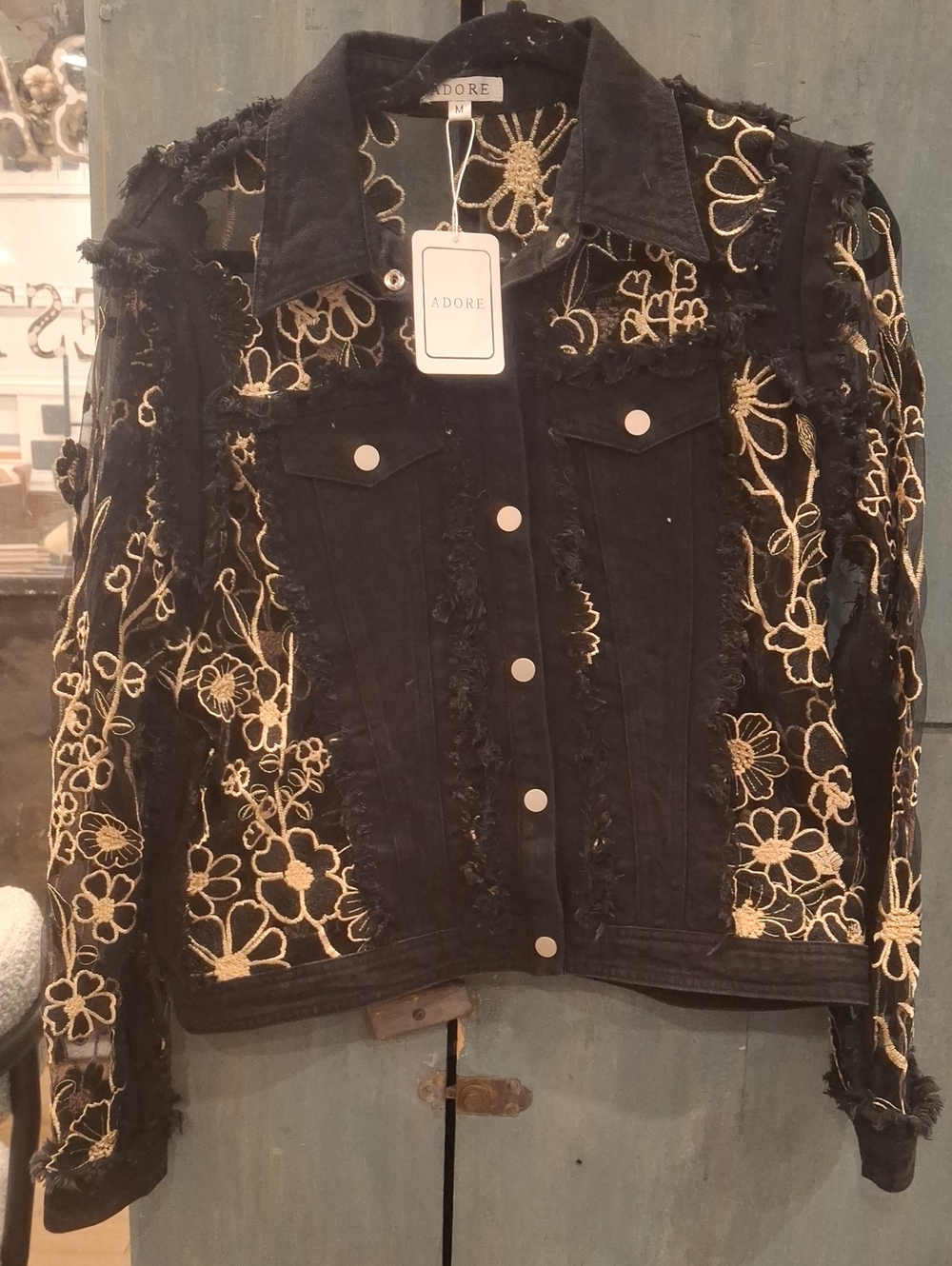 Adore Black Denim Button-Down Jacket with Gold Floral Embroidery